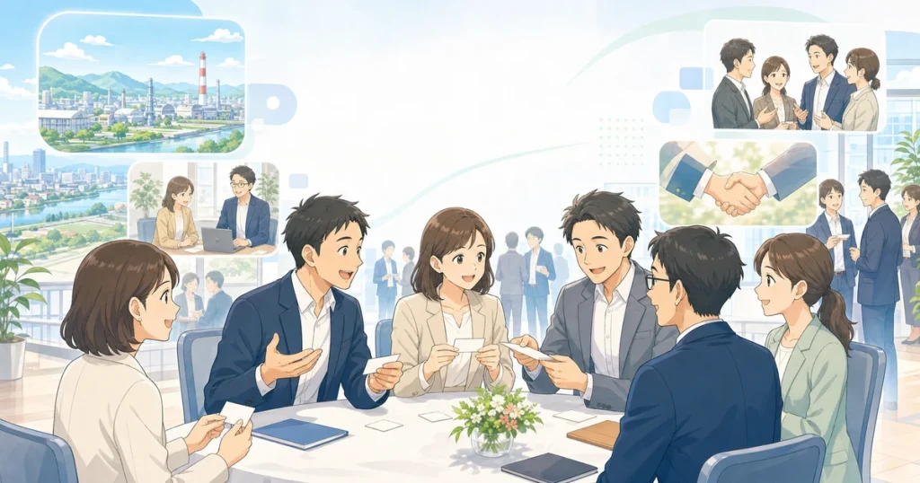 四日市の経営者が明るい会場で交流しているソフトアニメ風イラスト