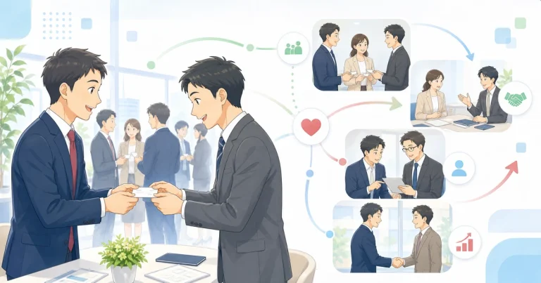 経営者同士のつながりが商談へ広がるソフトアニメ風イラスト