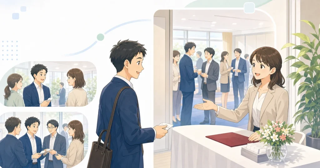 初参加の経営者が受付で案内を受けているソフトアニメ風イラスト
