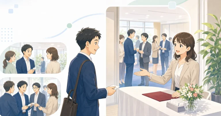 初参加の経営者が受付で案内を受けているソフトアニメ風イラスト