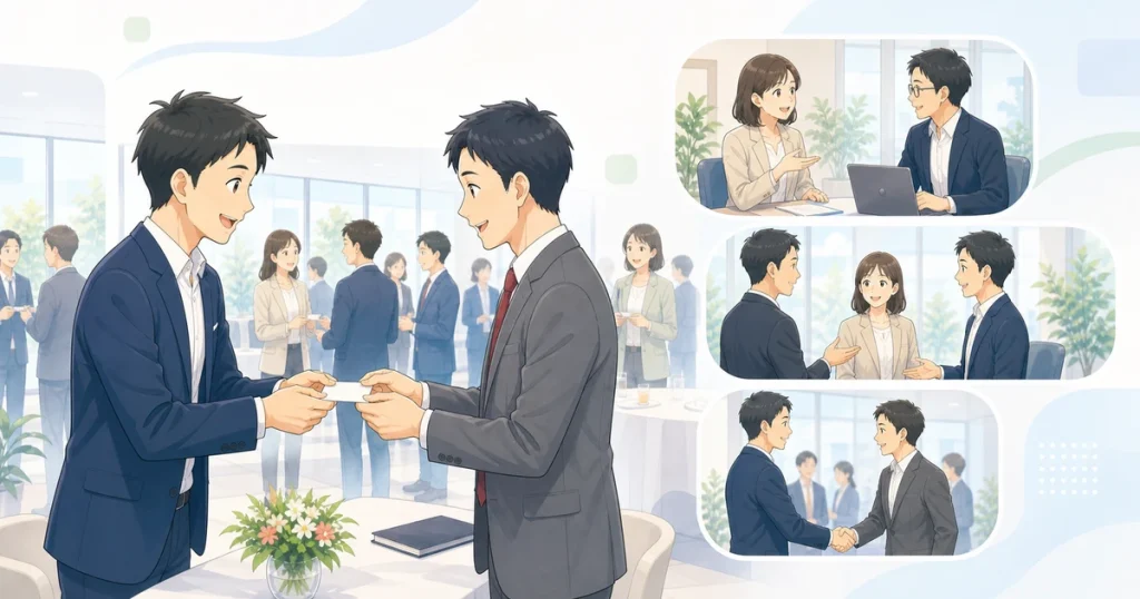 名刺交換から商談へ進む経営者たちのソフトアニメ風イラスト