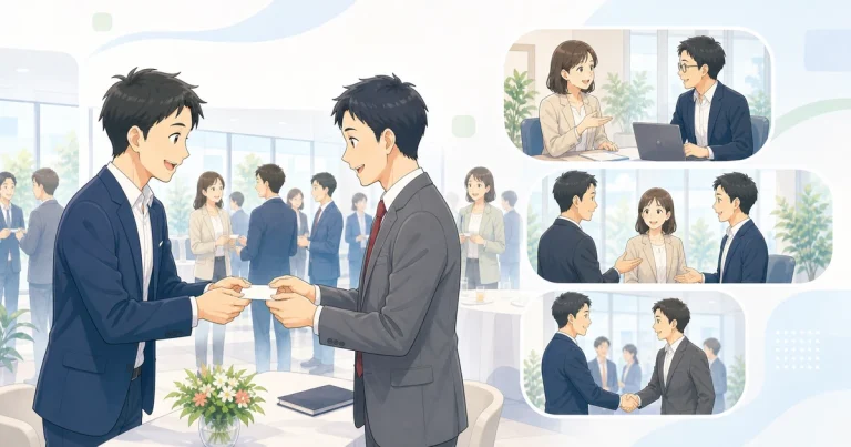 名刺交換から商談へ進む経営者たちのソフトアニメ風イラスト