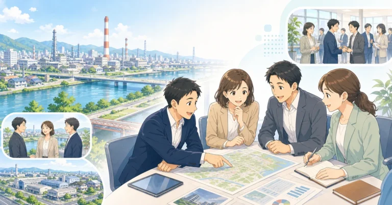 四日市の街で経営者同士が商売の広がりを話しているソフトアニメ風イラスト