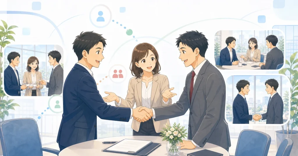 経営者同士の紹介が受発注へつながるソフトアニメ風イラスト