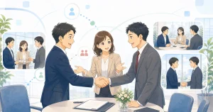 経営者同士の紹介が受発注へつながるソフトアニメ風イラスト