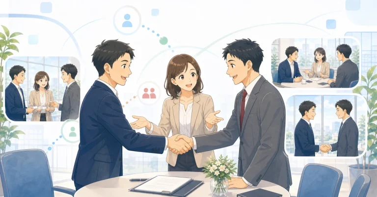 経営者同士の紹介が受発注へつながるソフトアニメ風イラスト