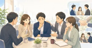 経営者同士が相談し合う温かいソフトアニメ風イラスト