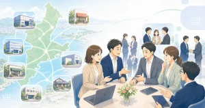 三重県内の販路が広がる様子を描いたソフトアニメ風イラスト