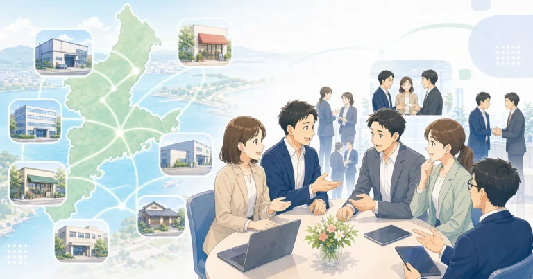 三重県内の販路が広がる様子を描いたソフトアニメ風イラスト