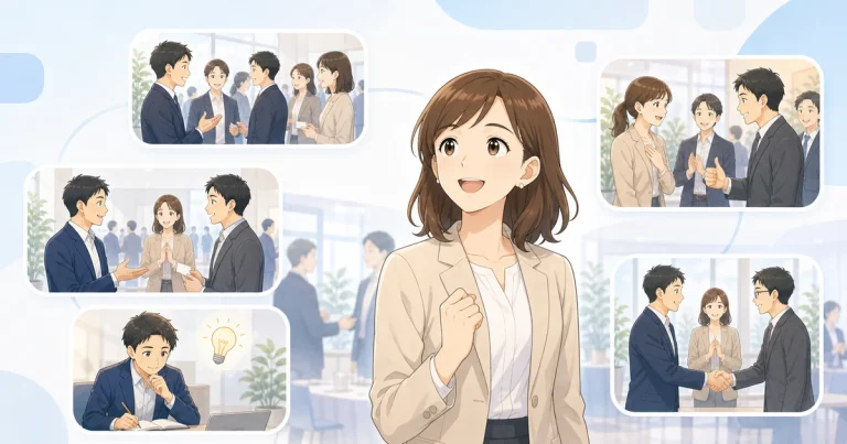 例会で得られる5つの価値を人物とパネルで表したソフトアニメ風イラスト