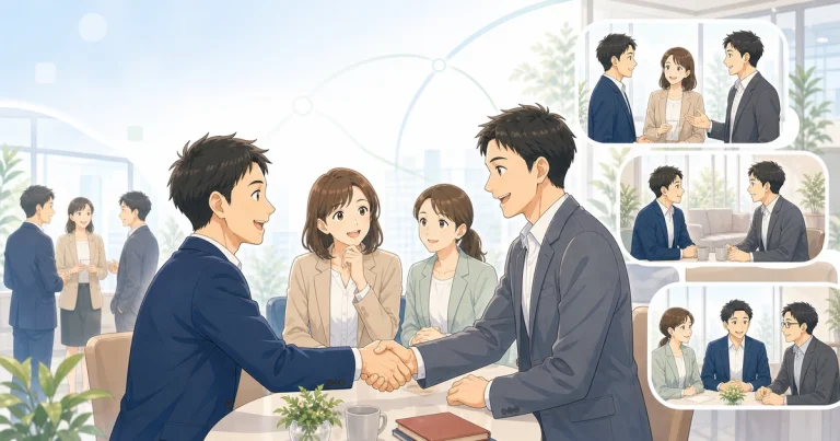 経営者同士が信頼関係を築いて商談するソフトアニメ風イラスト