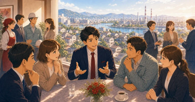 10年後の事業のために地域のつながりを作るをテーマにした経営者交流のソフトアニメ風イラスト