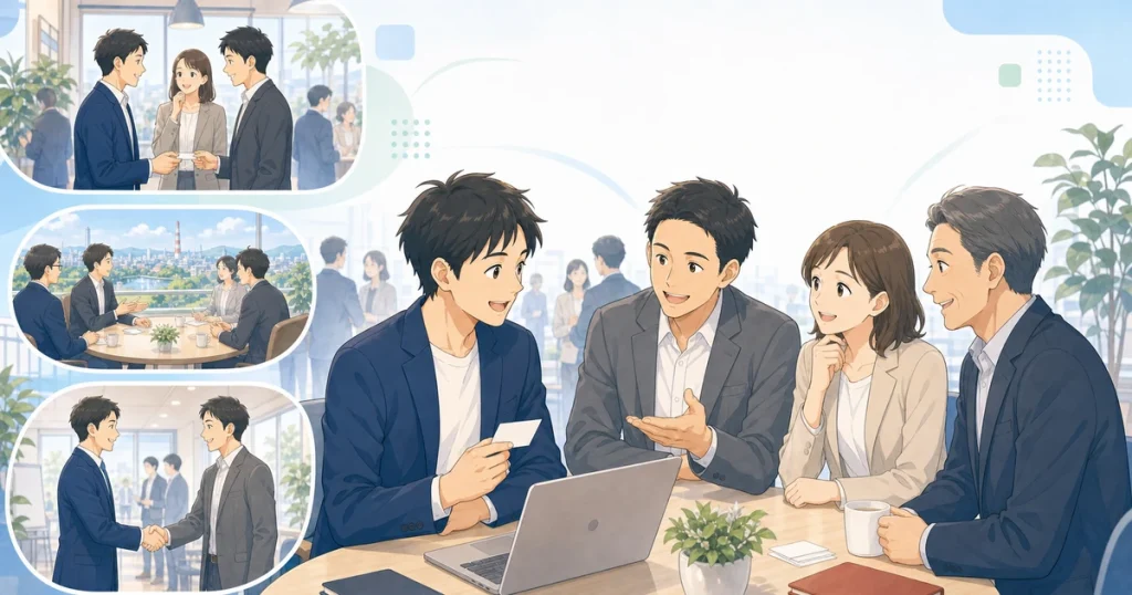 起業したばかりの経営者が先輩経営者と話すソフトアニメ風イラスト