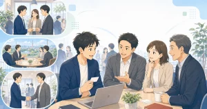 起業したばかりの経営者が先輩経営者と話すソフトアニメ風イラスト
