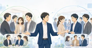 新しい取引先との出会いが広がるソフトアニメ風イラスト
