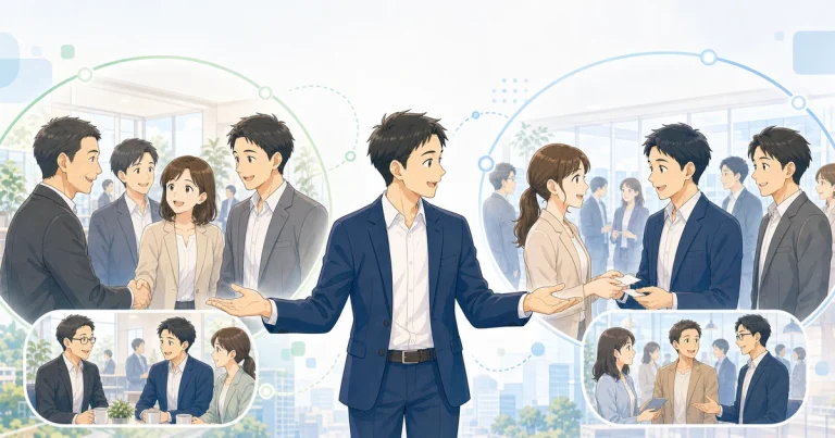 新しい取引先との出会いが広がるソフトアニメ風イラスト