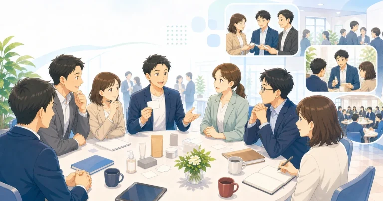 車座で経営者が商談しているソフトアニメ風イラスト