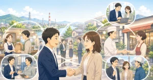 地域の店舗と経営者がつながるソフトアニメ風イラスト