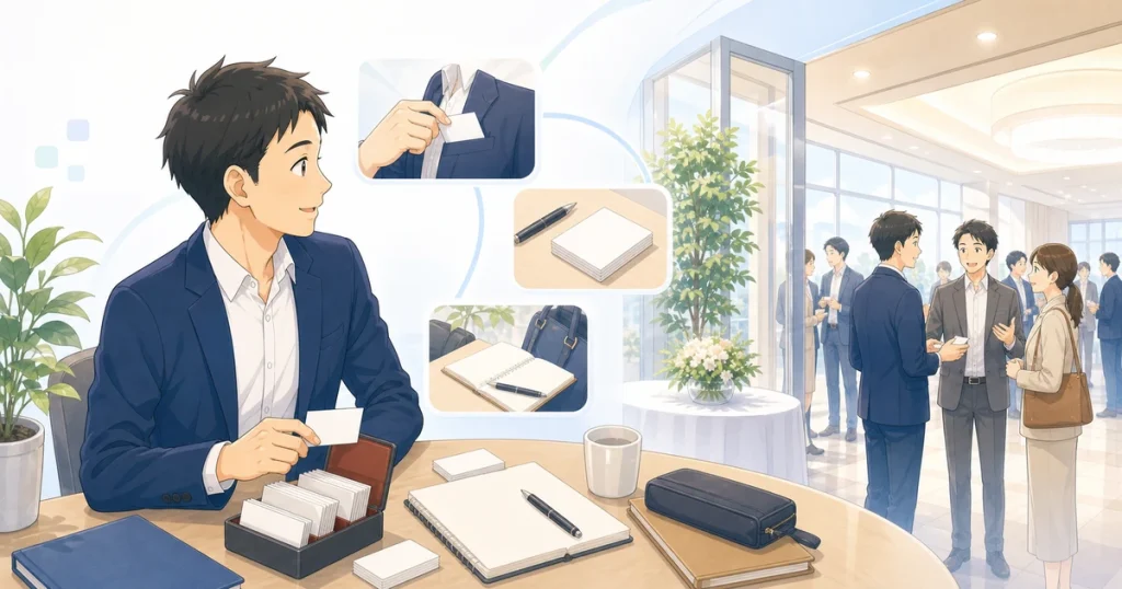 初めて交流会に参加する経営者が準備しているソフトアニメ風イラスト
