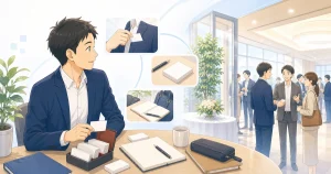 初めて交流会に参加する経営者が準備しているソフトアニメ風イラスト