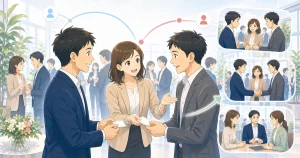 経営者が紹介で新しい相手とつながるソフトアニメ風イラスト