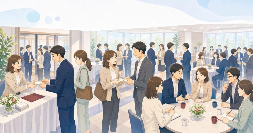四日市の経営者が例会で交流しているソフトアニメ風イラスト