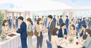 四日市の経営者が例会で交流しているソフトアニメ風イラスト