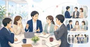 経営者コミュニティで相談し合うソフトアニメ風イラスト