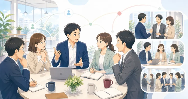 経営者コミュニティで相談し合うソフトアニメ風イラスト