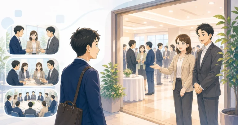 入会を検討する経営者が例会の雰囲気を見ているソフトアニメ風イラスト
