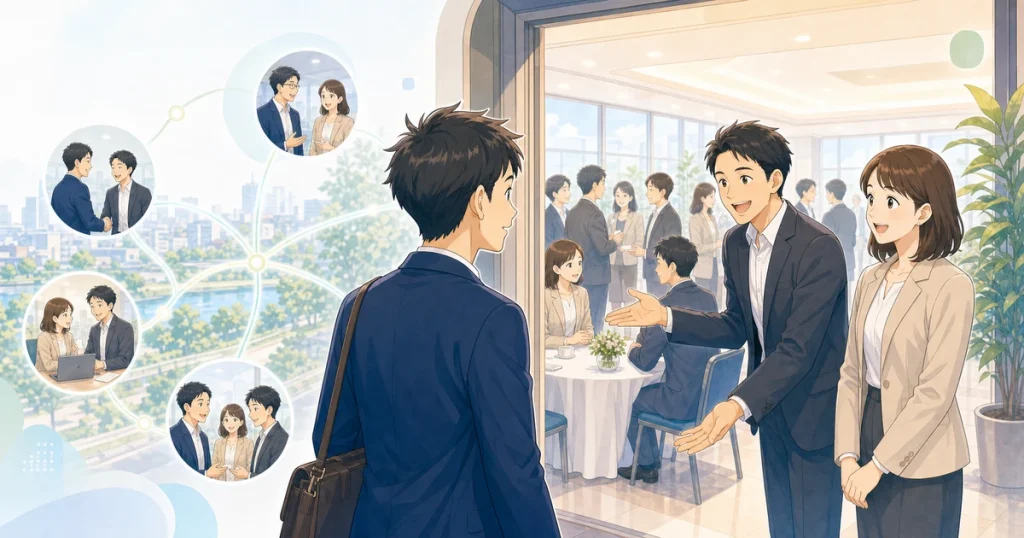 見学者が守成クラブ四日市の例会へ参加するソフトアニメ風イラスト