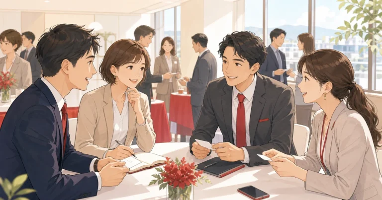 守成クラブ四日市で成果を出す人が最初にやっていることをテーマにした経営者交流のソフトアニメ風イラスト