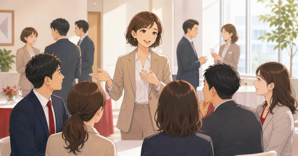 自己紹介90秒で印象に残る話し方をテーマにした経営者交流のソフトアニメ風イラスト
