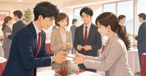 守成クラブ四日市で覚えてもらえる名刺の渡し方をテーマにした経営者交流のソフトアニメ風イラスト