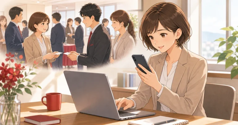 初回見学後にやるべきフォローの基本をテーマにした経営者交流のソフトアニメ風イラスト