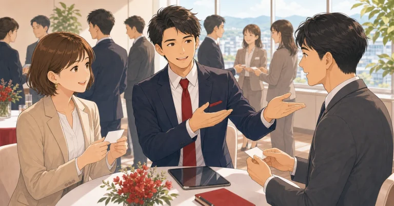 紹介をもらいやすい経営者の共通点をテーマにした経営者交流のソフトアニメ風イラスト