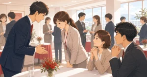 守成クラブで信頼を失わないためのマナーをテーマにした経営者交流のソフトアニメ風イラスト
