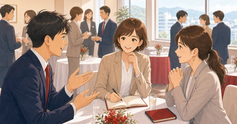 例会で「また話したい」と思われる会話術をテーマにした経営者交流のソフトアニメ風イラスト