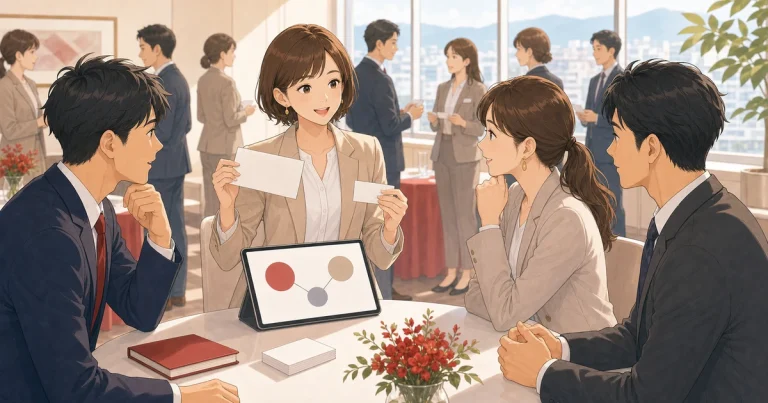 自社の強みを短く伝えるための考え方をテーマにした経営者交流のソフトアニメ風イラスト