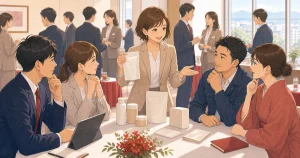 異業種の経営者に伝わる商品説明の作り方をテーマにした経営者交流のソフトアニメ風イラスト