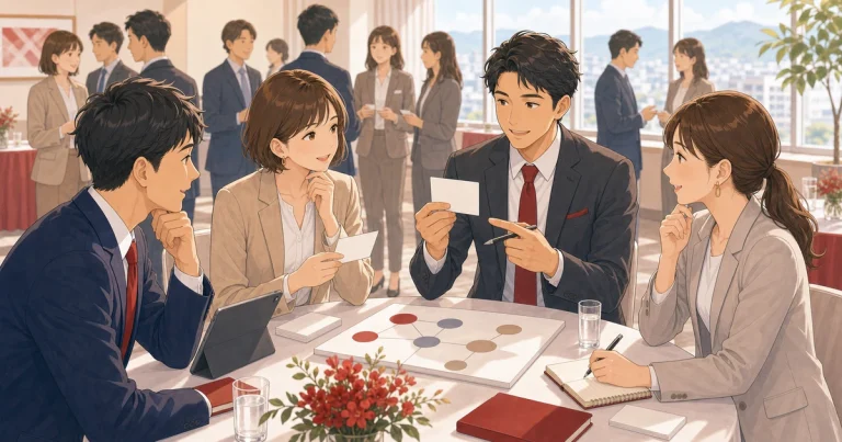 守成クラブ四日市を営業活動に活かす方法をテーマにした経営者交流のソフトアニメ風イラスト