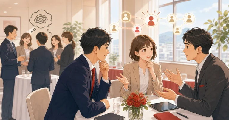 受注につながる雑談とつながらない雑談の違いをテーマにした経営者交流のソフトアニメ風イラスト