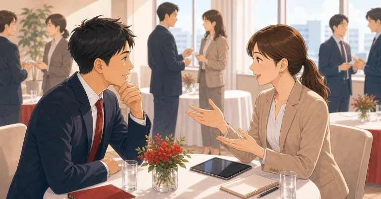 売り込み感を出さずに自社を伝える方法をテーマにした経営者交流のソフトアニメ風イラスト