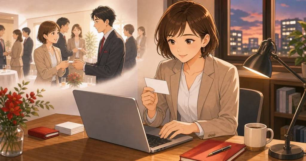 例会後の連絡で関係を深めるコツをテーマにした経営者交流のソフトアニメ風イラスト