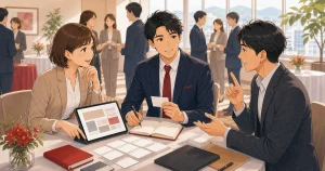 紹介してもらう前に整えておきたい自社情報をテーマにした経営者交流のソフトアニメ風イラスト