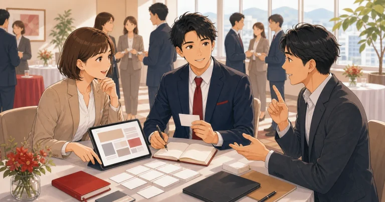 紹介してもらう前に整えておきたい自社情報をテーマにした経営者交流のソフトアニメ風イラスト