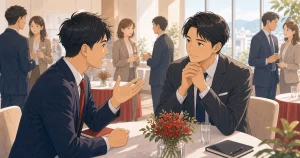 経営者同士の信頼はどこで決まるのかをテーマにした経営者交流のソフトアニメ風イラスト