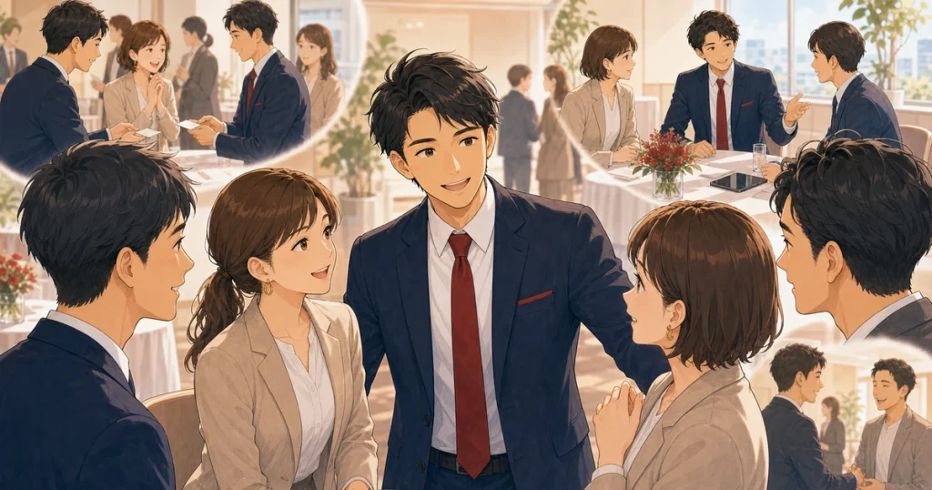 守成クラブで長く選ばれる人の振る舞いをテーマにした経営者交流のソフトアニメ風イラスト
