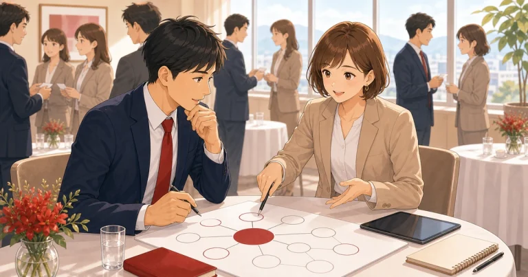 人脈を広げる前に決めておきたい紹介してほしい相手をテーマにした経営者交流のソフトアニメ風イラスト