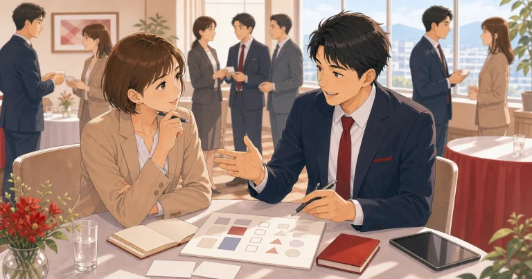 交流会で成果が出ない人が見直すべきポイントをテーマにした経営者交流のソフトアニメ風イラスト